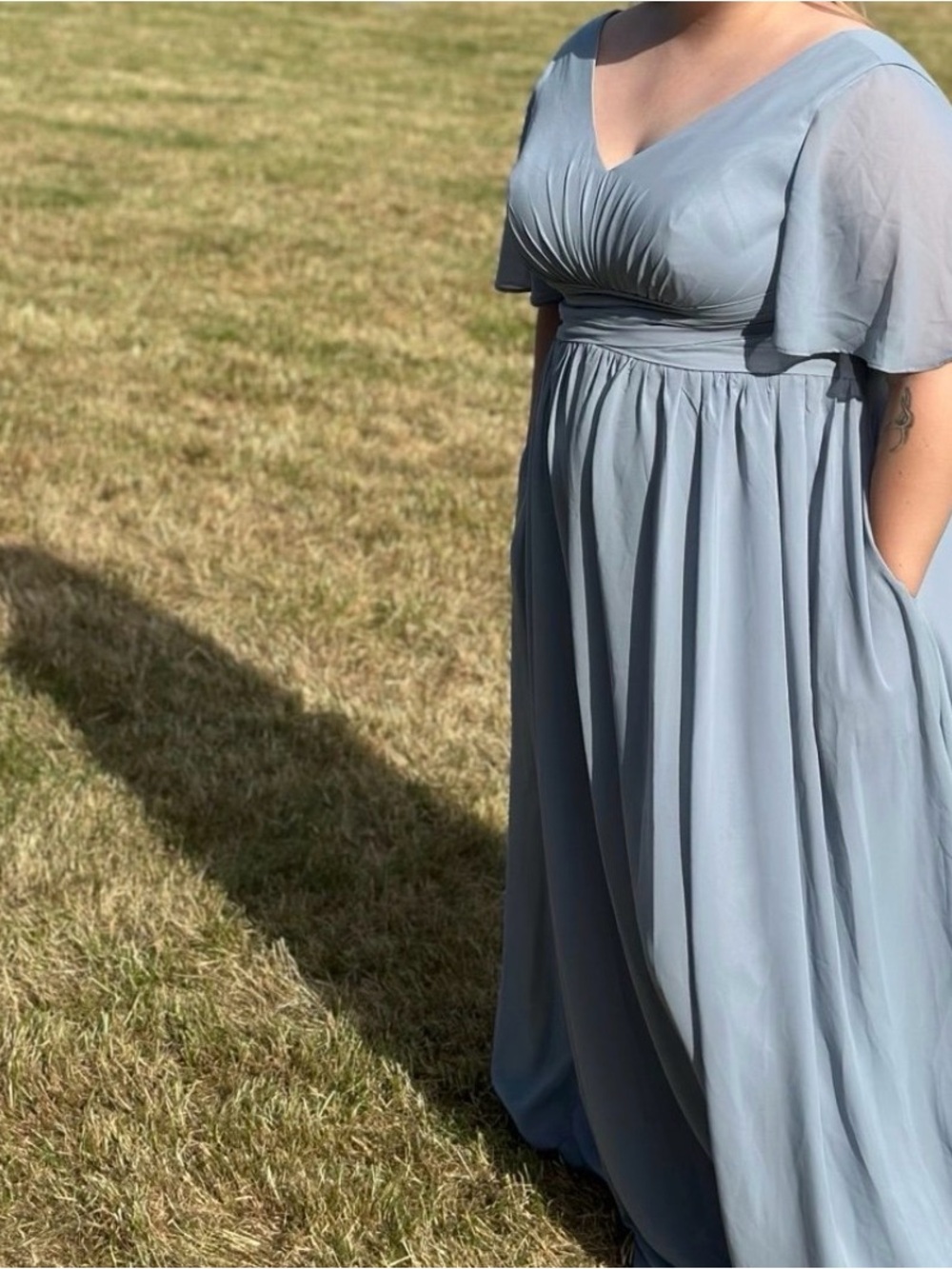 V-Neck Dusty Blue Flutter Sleeve Maxi Dress